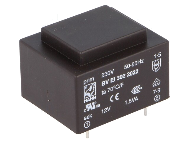 Transformator: ingegoten; 1,5VA; 230VAC; 12V; 125mA; PCB; BVEI Transformator: ingegoten; 1,5VA; 230VAC; 12V; 125mA; PCB; BVEI